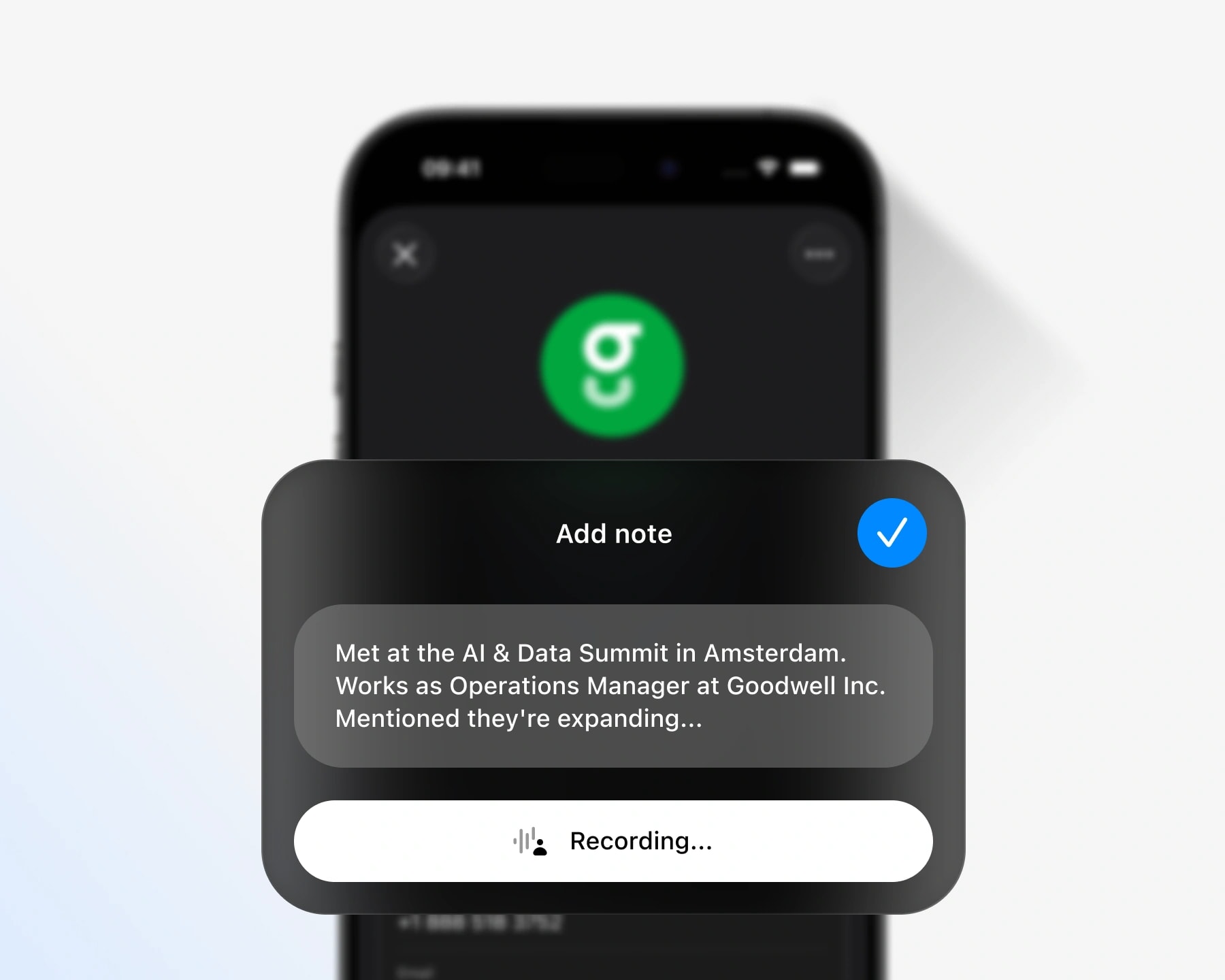 Voice note being added to a contact in Tapify