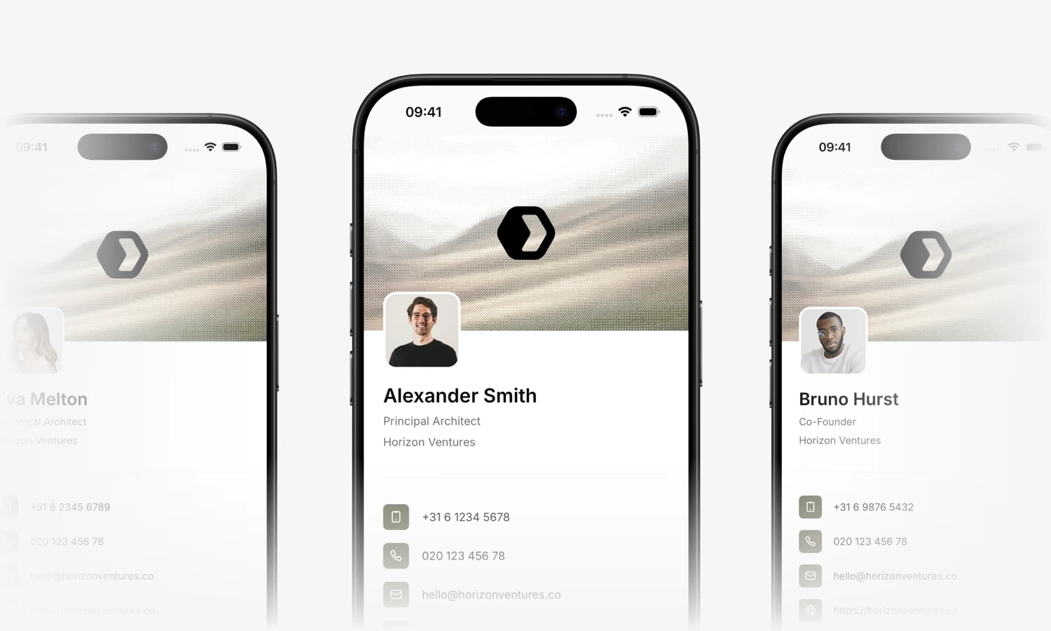 Three branded digital business cards for a team