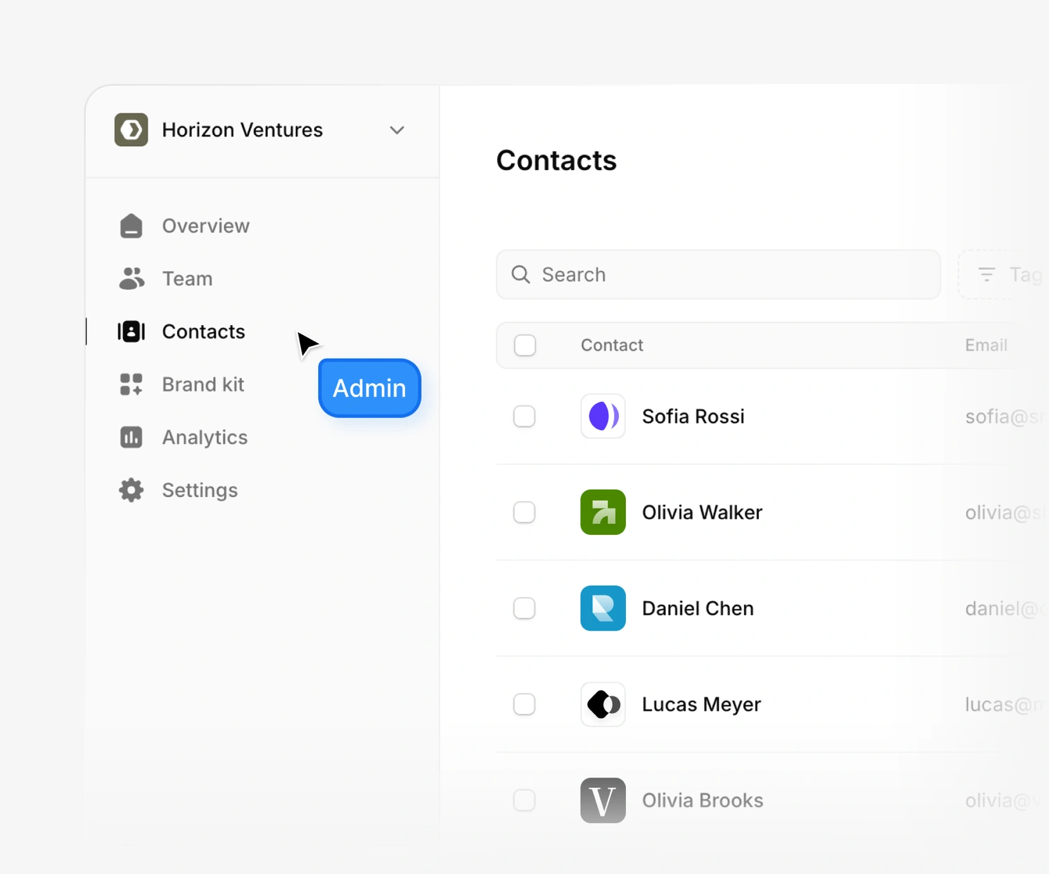 Shared contacts dashboard in Tapify Teams