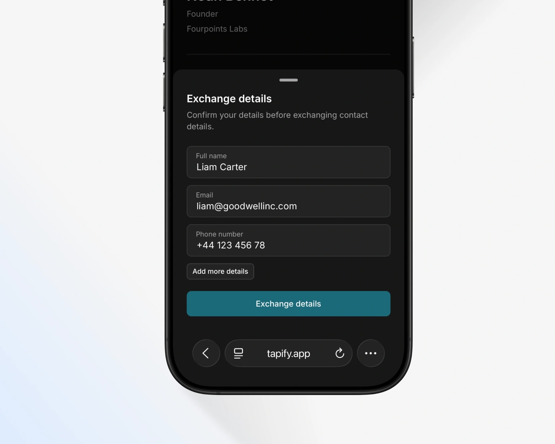 Tapify contact exchange form on a phone
